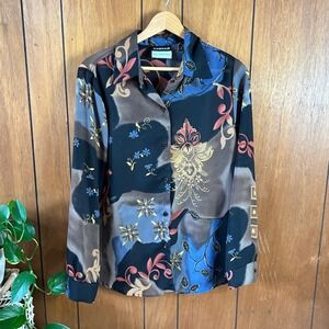 Vintage Cabrais Collection‎ Floral Paisley Button Up Blouse Black Blue Boho